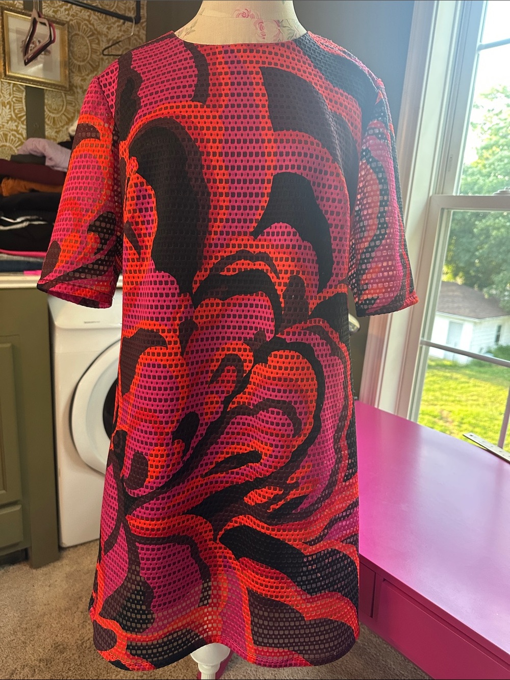 Trina Turk Black, Red & Pink Graphic Eyelet Mini Shift Dress